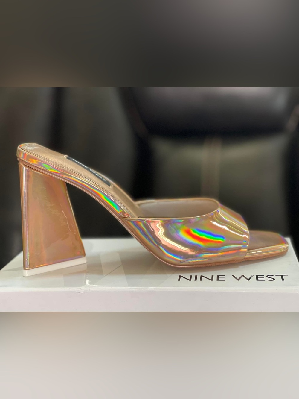 Nine West Iridescent Rose Gold Holographic Square-Toe Mule